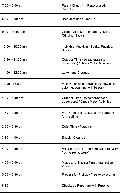 example of a preschool daily schedule