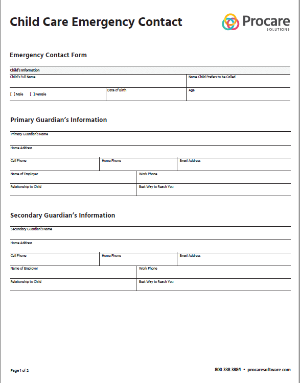 child care emergency contact form preview