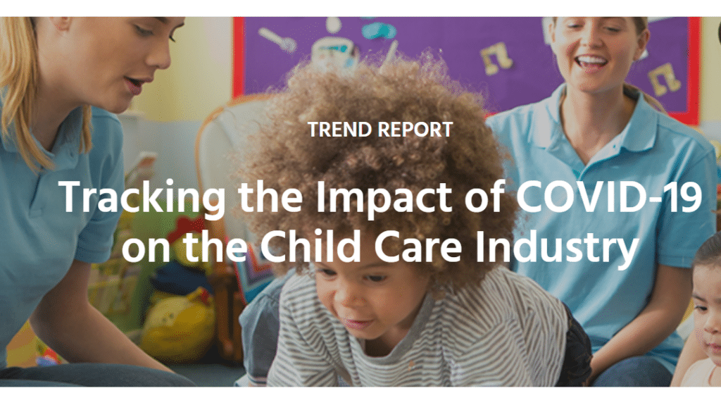 two teachers assist a child with the text, "tracking the impact of COVID-19 on the child care industry" overlaid 