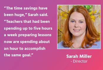 a photograph of Sarah Miller is accompanied by this quote: "The time savings have bee huge," Sarah said. "Teachers that had been spending up to five hours a week preparing lessons now are spending about an hour to accomplish the same goal.: