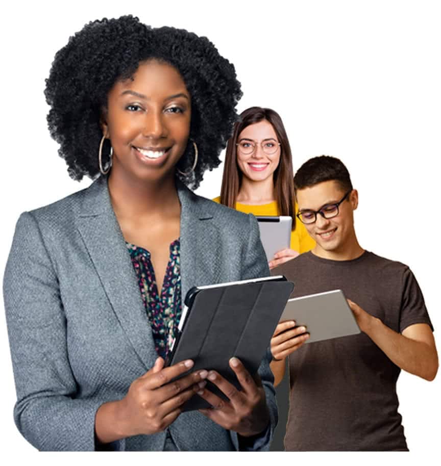 three people using tablets smile at the camera