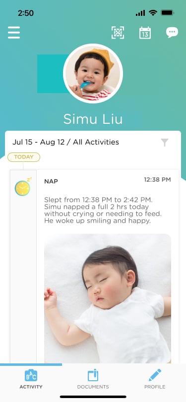 a screenshot of the Procare mobile app showing daily activities of a child enrolled in daycare