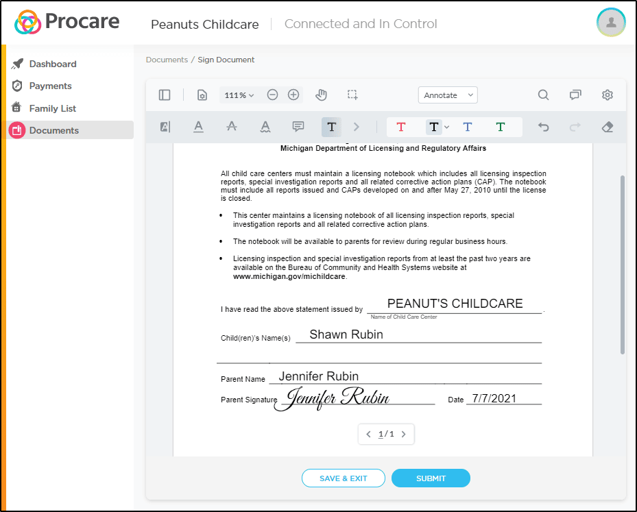 A screenshot shows how easy it is to sign daycare documents digitally