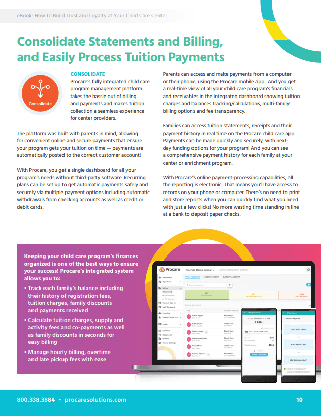 another interior page from the eBook with a headline reading, "Consolidate Statements and Billing, and Easily Process Tuition Payments"
