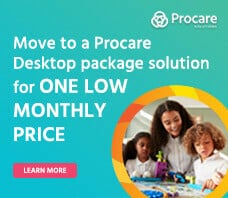 "Move to a Procare Desktop package solution for ONE LOW MONTHLY PRICE - Learn More" is displayed alongside a photo of a teacher and two students playing with toys