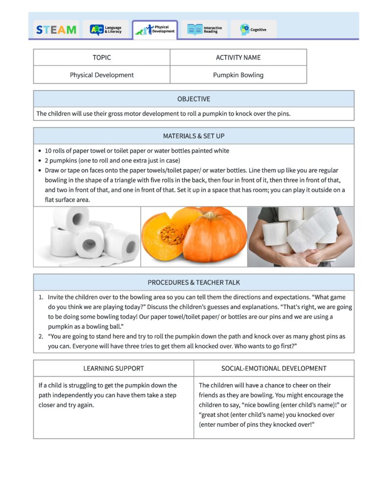 screenshot of a lesson plan from Procare that details a delightful fall activity for preschoolers: pumpkin bowling.