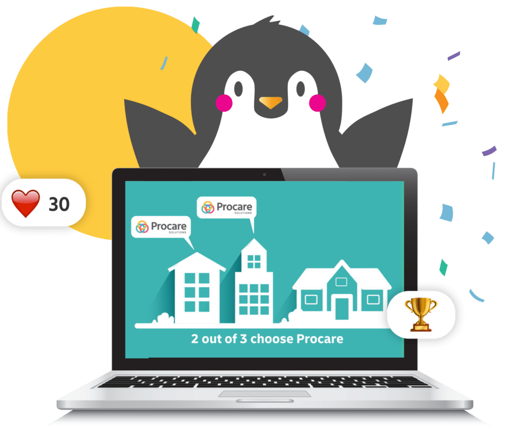 Tucker the penguin stands behind a computer screen that reads, "2 out of 3 choose Procare"