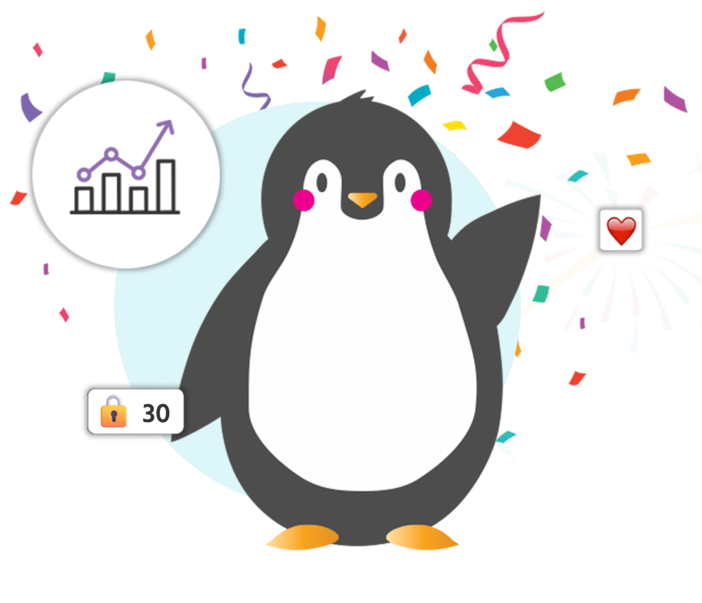 an illustration of Rucker the penguin with confetti falling down around them