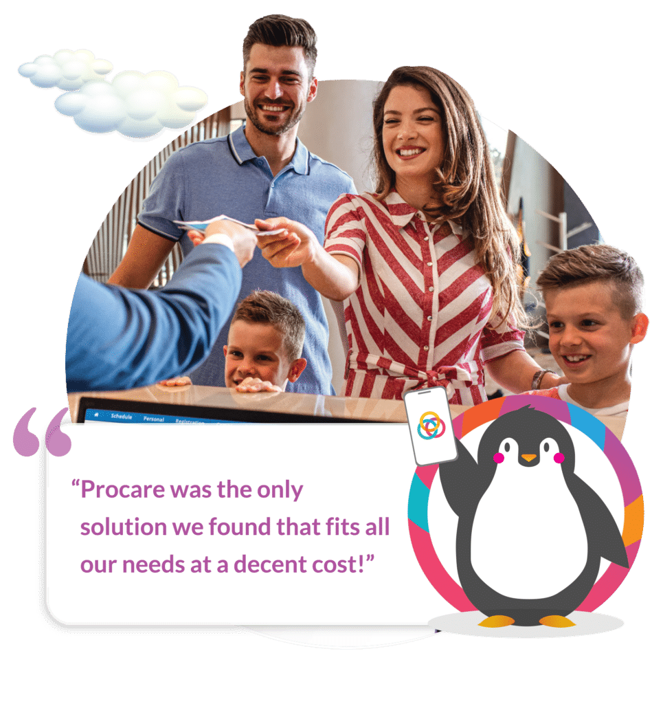 The following quote is presented beneath a photo of a family  registering for child care, "Procare was the only solutions we found that fits all our needs at a decent cost"