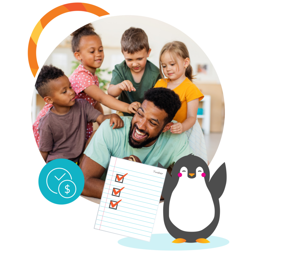 a man is dogpiled by four children while Tucker the penguin holds up a screenshot of the Procare child care app