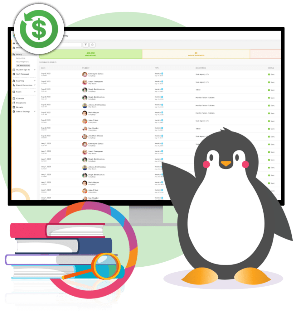 an illustrated Tucker the penguin stands in front of a screenshot of Procare's daycare bookkeeping software