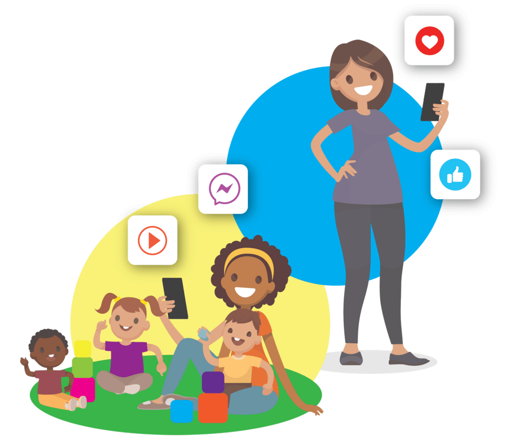illustration of a daycare teacher sending photos of kids to their parents