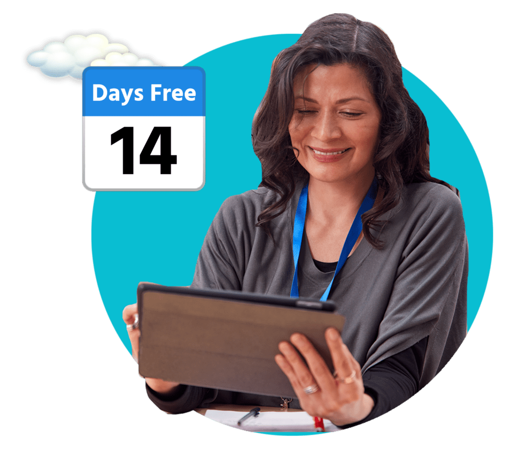 a woman works on her tablet with the text "14 days free" illustrated next to her
