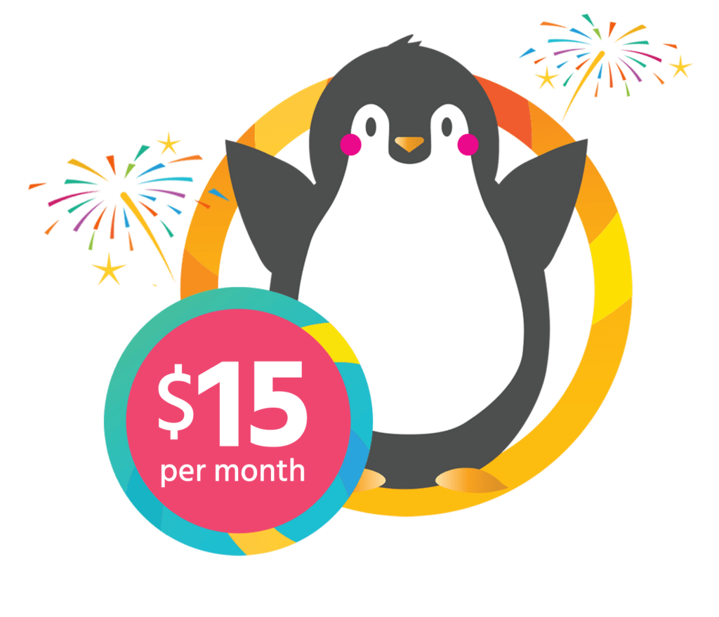 illustration of Tucker the penguin behind text that reads "$15 per month"