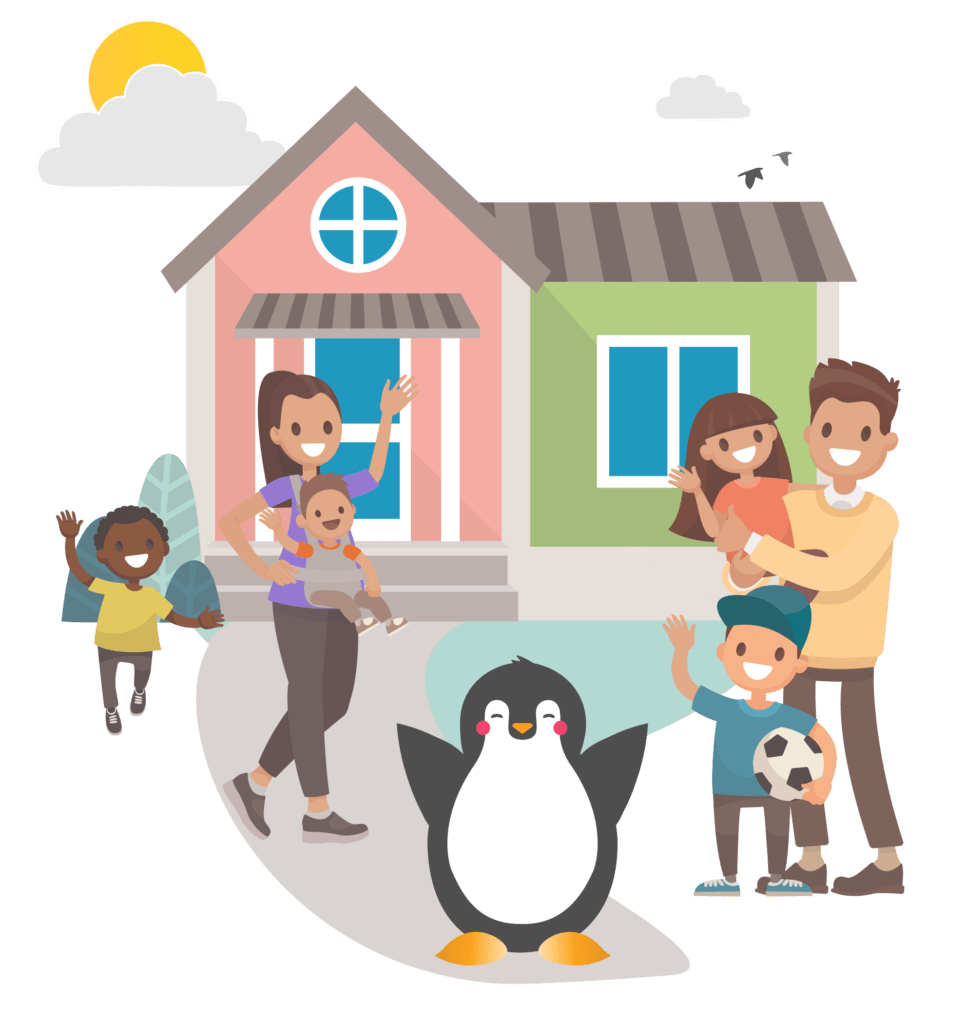 illustration of Tucker the penguin and a family in front of an in-home daycare