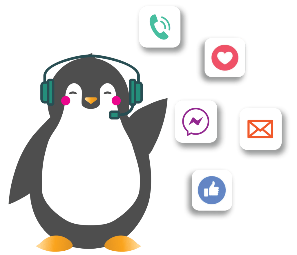illustration of Tucker the penguin wearing a headset and waving