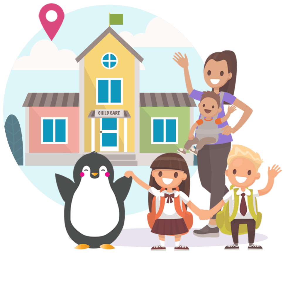 an illustration of a mom, several kids, and Tucker the penguin being dropped off in front of a child care center