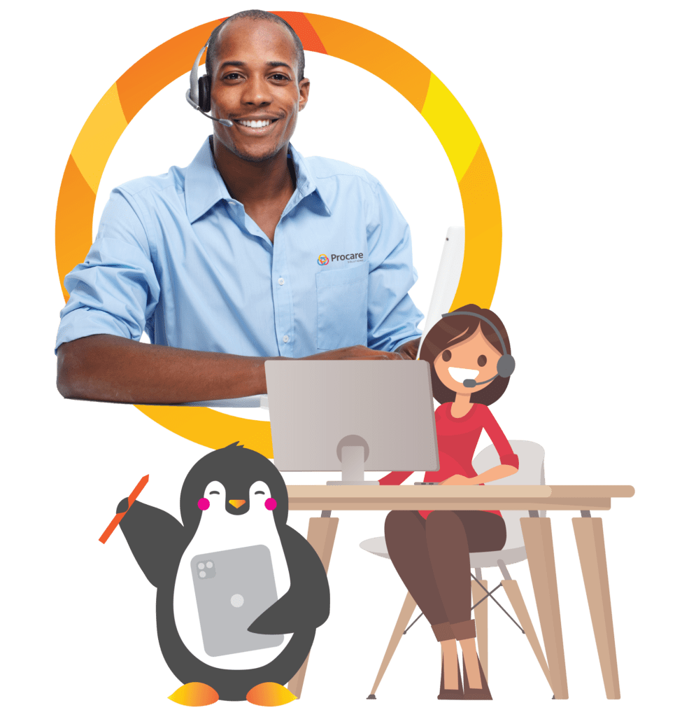 a Procare account manager is shown alongside an illustration of a customer service representative and Tucker the penguin