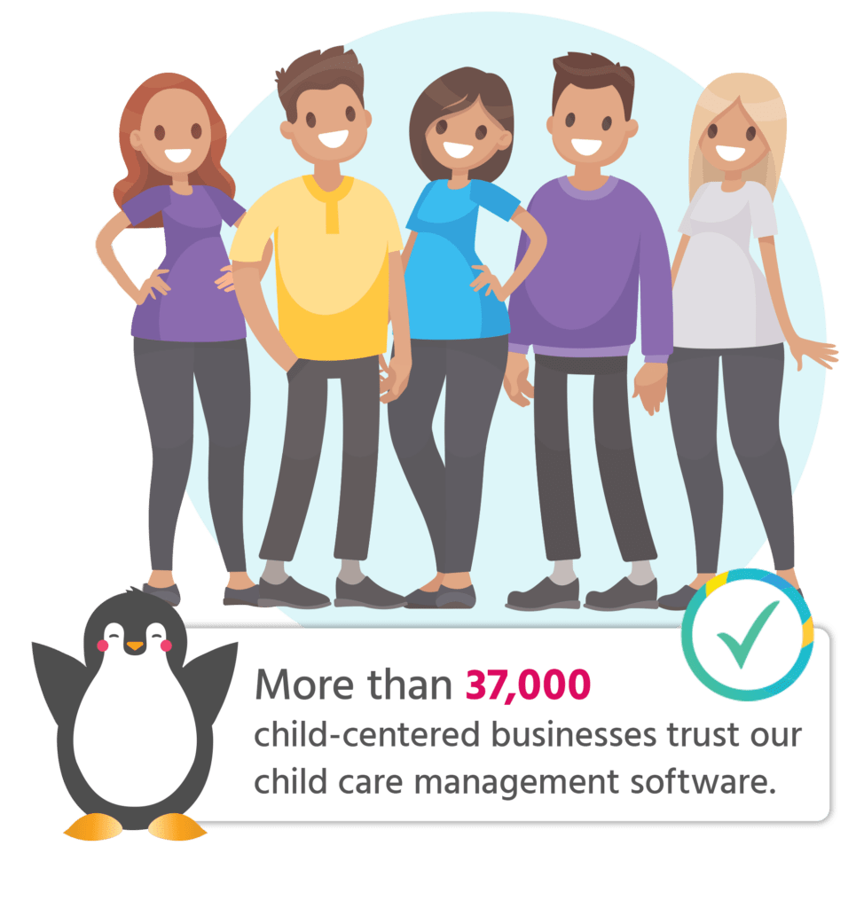Illustration of 5 people standing above a quote that reads, "More than 37,000 child-centered business trust our child care management software."