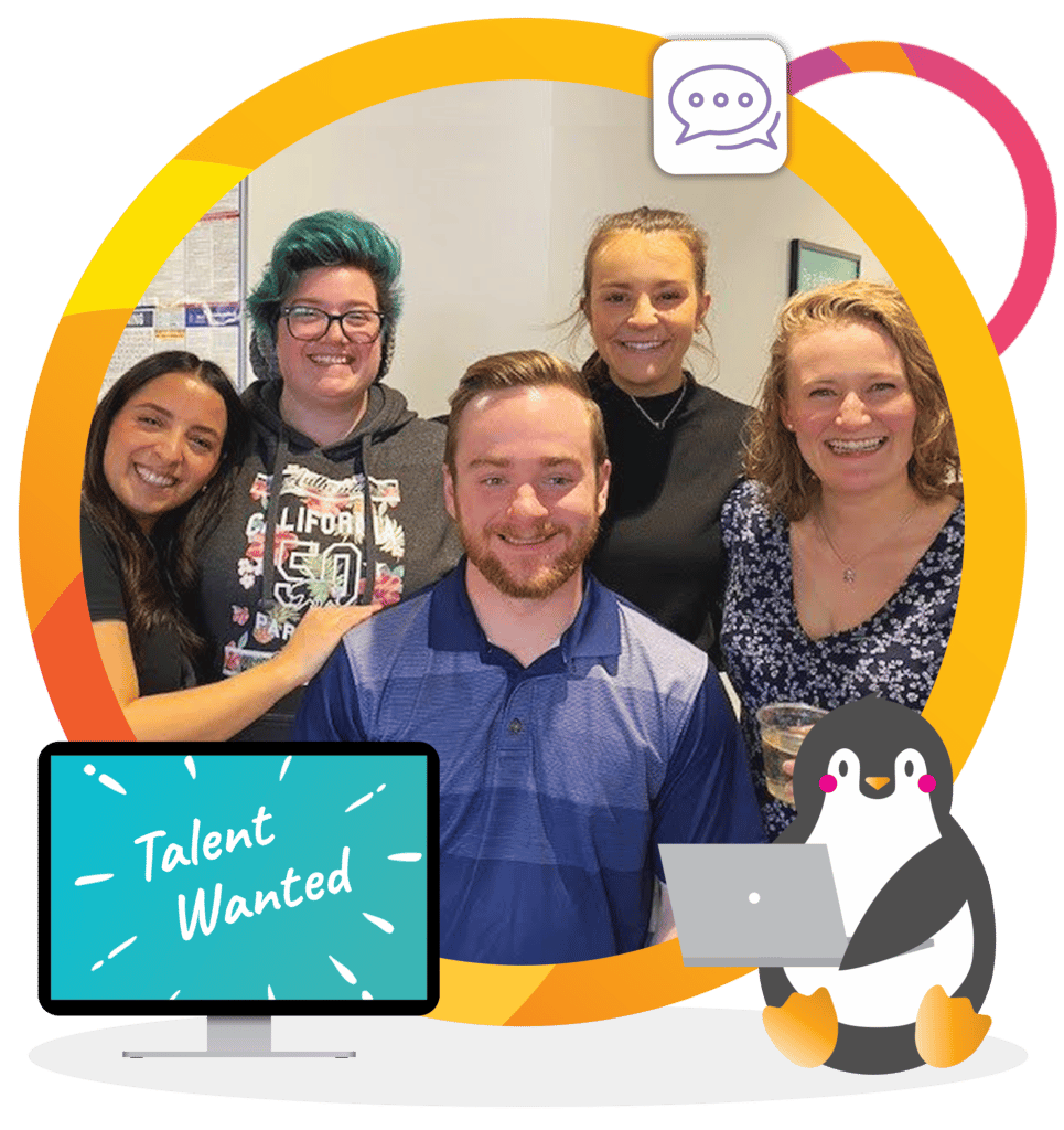 Procare team members pose for a group photo with "talent wanted" illustrated on a nearby computer