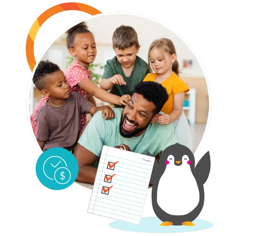 A man is dogpiled by children. An illustration of Tucker the penguin is in the foreground holding a checklist.