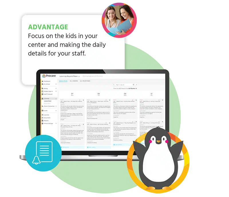 screenshot of Procare's classroom management software. A text bubble reads, "Advantage: Focus on the kids in your center and making the daily details for your staff."