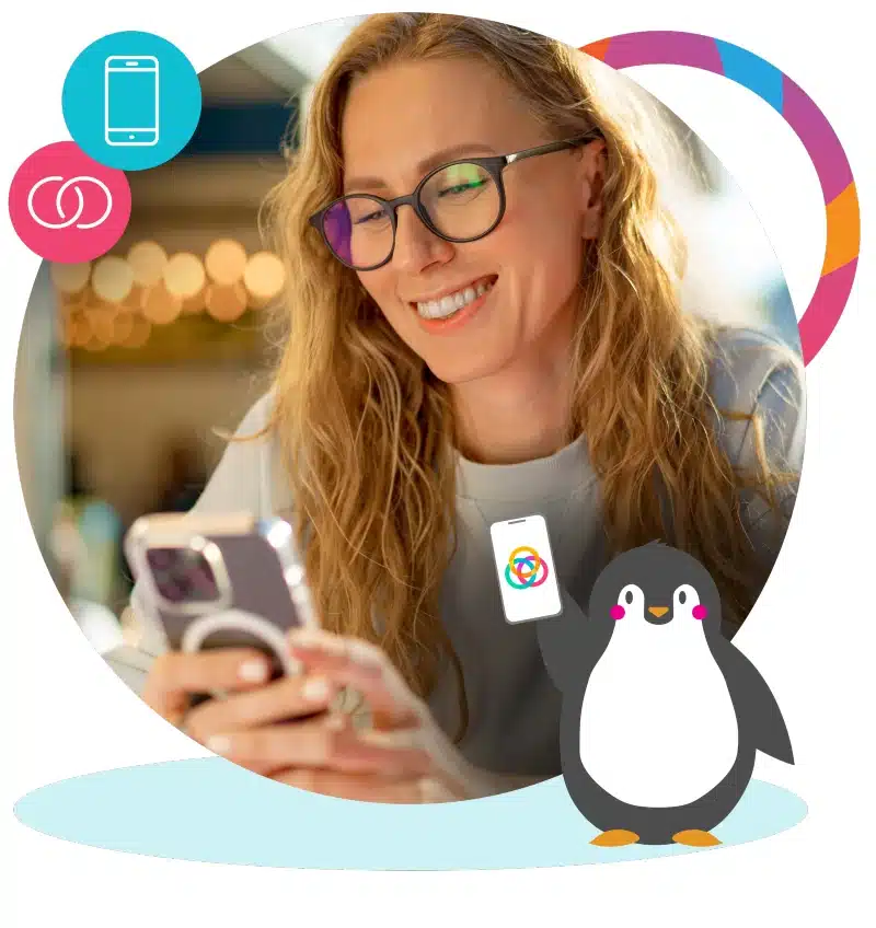 a woman smiles while using the Procare child care mobile app. An illustration of Procare's mascot Tucker the penguin holds a phone in the foreground