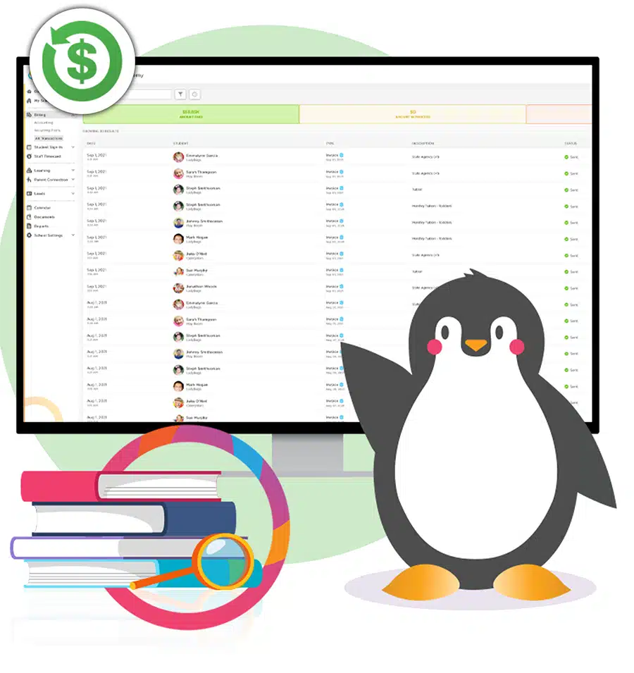 an illustrated Tucker the penguin stands in front of a screenshot of Procare's daycare bookkeeping software