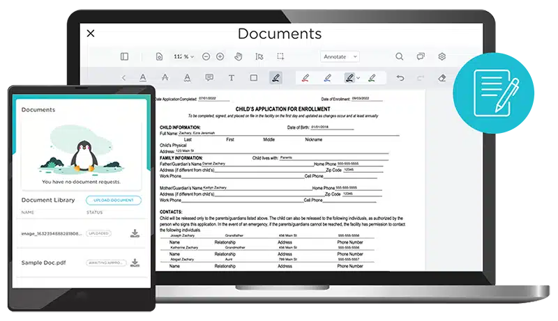 Computer and tablet screenshots of Procare's document management capabilities