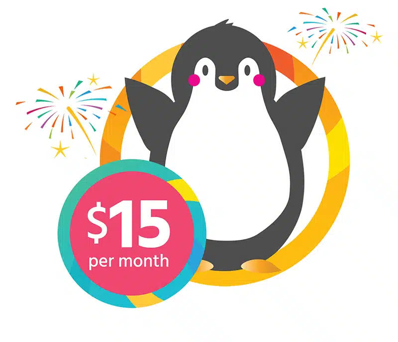 illustration of Tucker the penguin behind text that reads "$15 per month"
