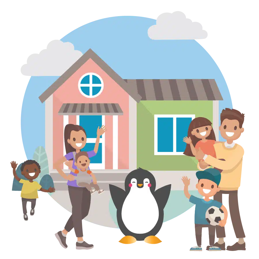 illustration of families with children waving in front of a schoolhouse