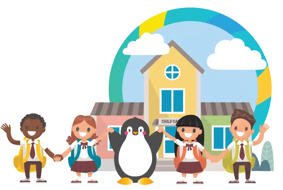 an illustration of children holding hands with Tucker the penguin in front of a child care center