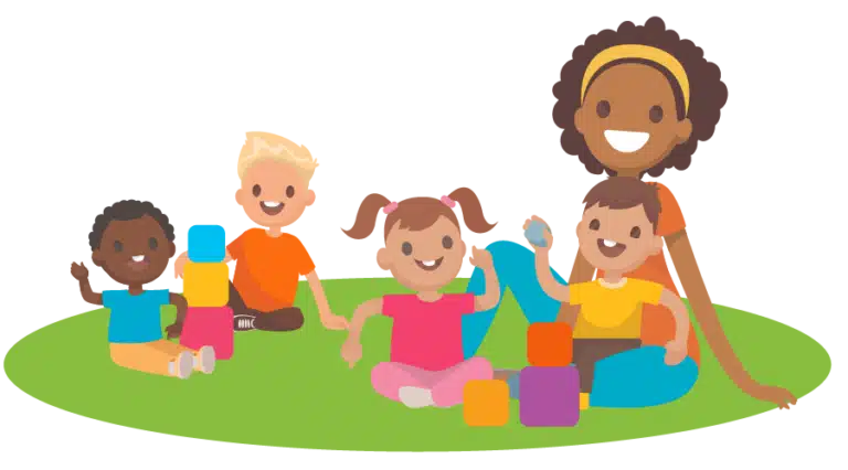 illustration of a teacher helping four toddlers play with blocks on a green carpet