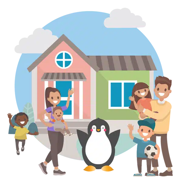 illustration of parents and kids waving to camera outside a preschool