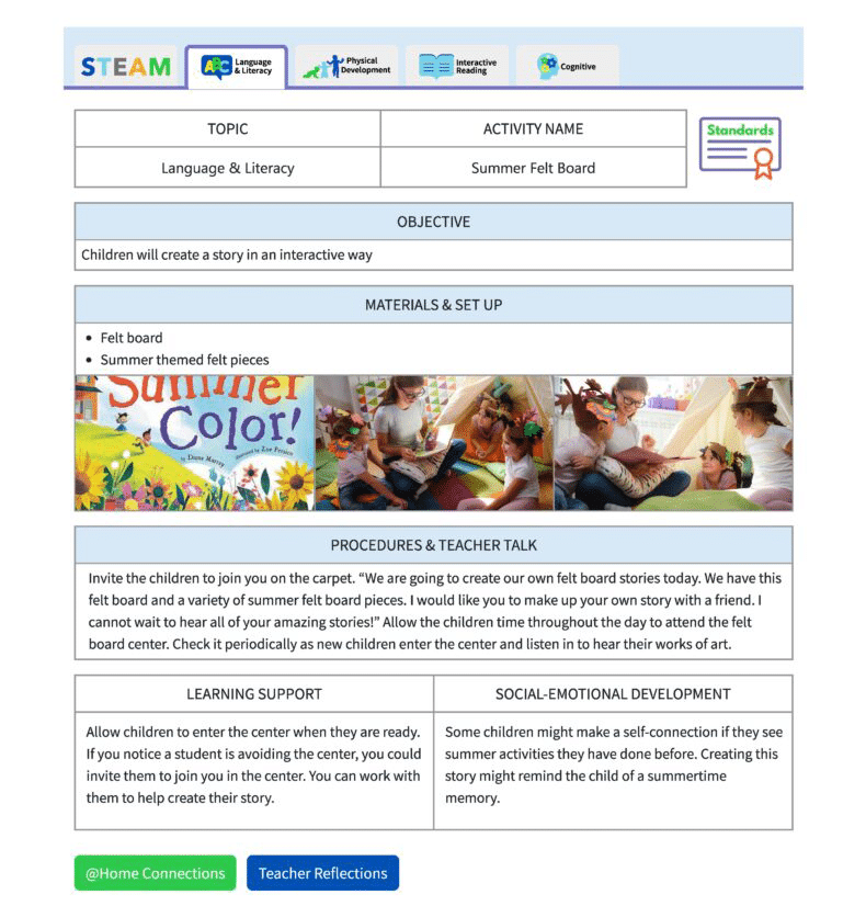 Example of a summer lesson plan from  Procare Early Learning