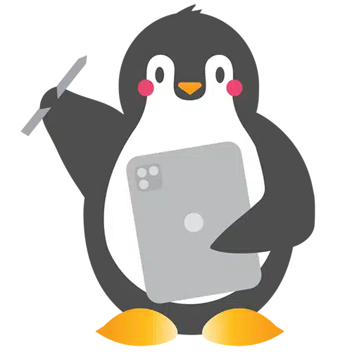 Illustrated Tucker the penguin holding a tablet and pen