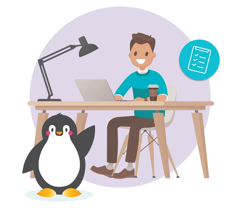 illustration of a man sitting at a desk. Tucker the penguin is waving in the foreground.