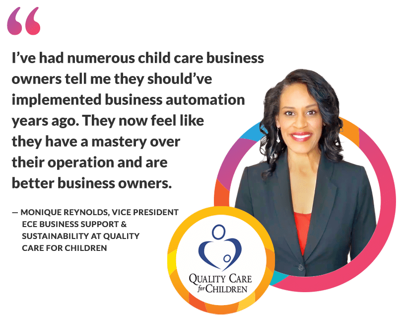 Quote from Monique Reynolds, Vice President ECE Business Support & Sustainability at Quality Care for Children that reads, "I've had numerous child care business owners tell me they should've implemented business automation years ago. They now feel like they have a mastery over their operation and are better business owners."