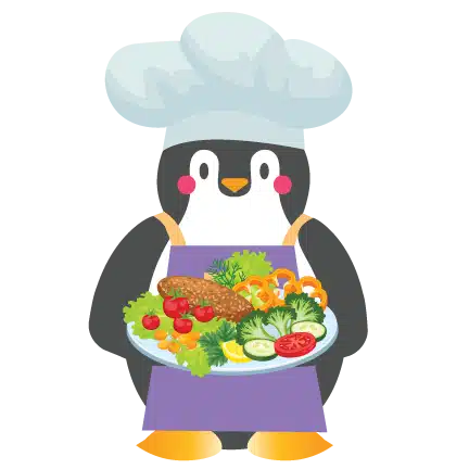 Illustration of Tucker the penguin wearing a chef hat and holding a plate of salad