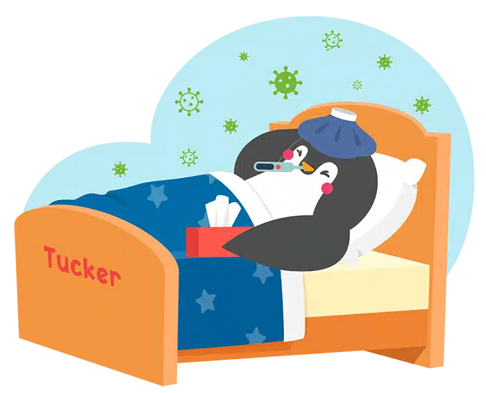 Tucker the penguin is sick in bed