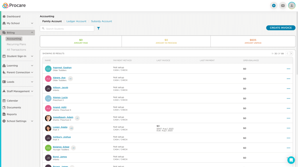 Screenshot showing how payments are managed in Procare
