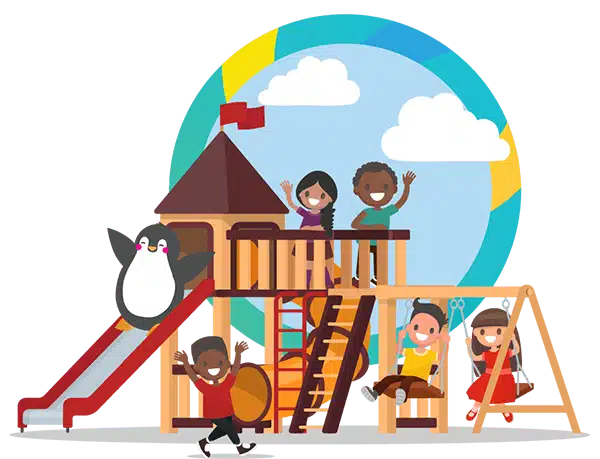 illustration of children playing together on a wooden playground
