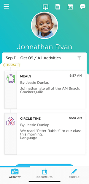 Screenshot showing the daily activity logging features in the Procare mobile app