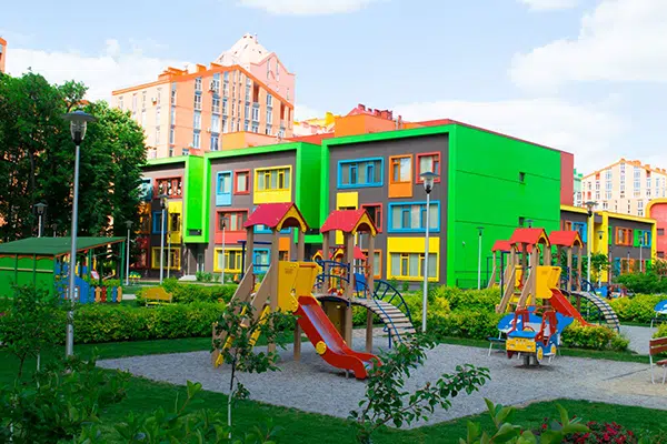 Colorful daycare building exterior in a city