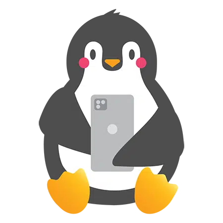 illustration of Tucker the penguin sitting and holding a smart phone