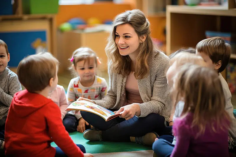 teacher reads a picture book to a room of preschoolers