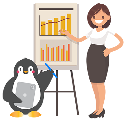 Illustration of Tucker the Procare penguin and a woman presenting a graph