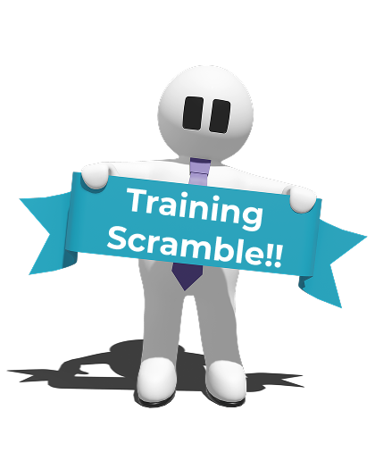 Chip, the ChildPlus mascot, holding a banner that says, "Training Scramble!!"