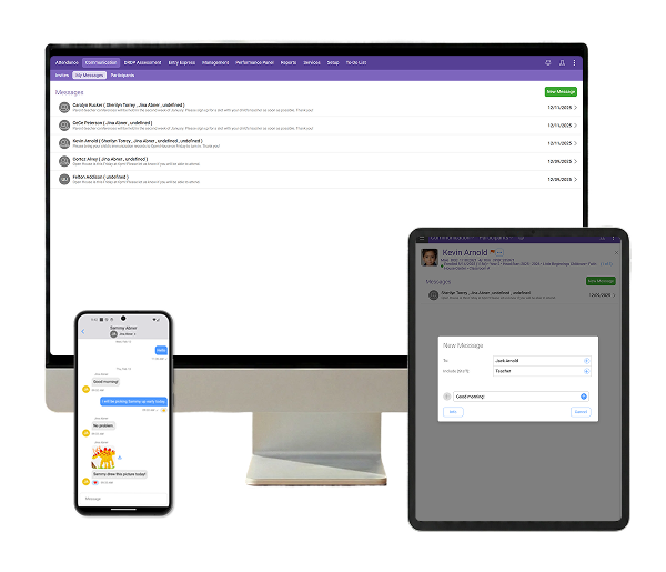 Screenshot of the ChildPlus communication app on desktop, tablet, and mobile.