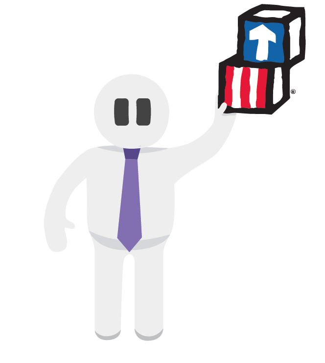 A white figure wearing a purple tie and holding the Head Start logo blocks.